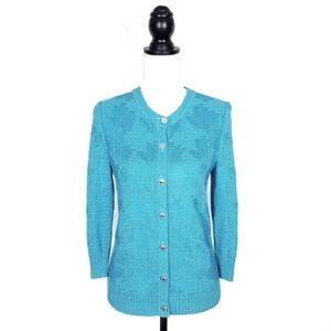 St. John Sport Cardigan Sweater Blue Teal Turquoise Logo Buttons Size P or XS
